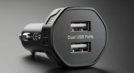 A close up of a black dual usb car charger with the words dual usb ports on the front of the device ai generated