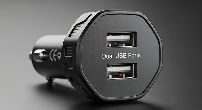 A close up of a black dual usb car charger with the words dual usb ports on the front of the device ai generated