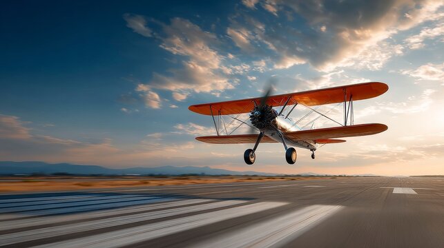 A vintage biplane is taking off from an airstrip with a partly cloudy sky in the background, showcasing classic aviation.