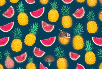 Vibrant tropical fruit pattern with yellow pineapples and red watermelon slices on a blue background. Fun, fresh, summer design for food, fashion, and kids.