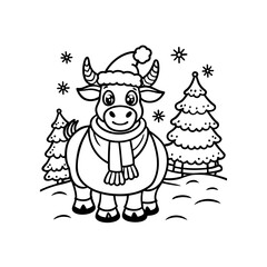 A cute cartoon bull wearing a Santa hat and scarf stands in a snowy landscape with Christmas trees and snowflakes.