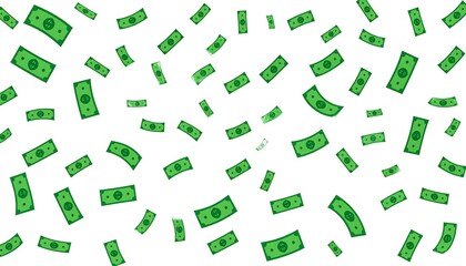 Scattered green dollar bill icons on white