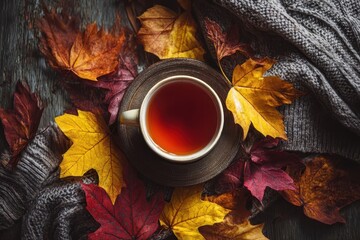 Cozy Autumn Scene with Warm Tea and Colorful Leaves