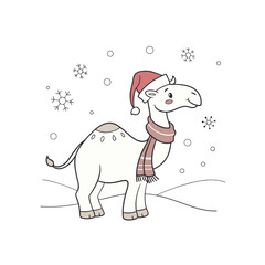 Cartoon camel wearing a Santa hat and scarf stands in a snowy landscape with falling snowflakes.