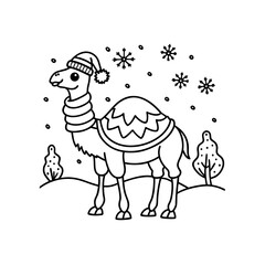 A cartoon camel wearing a winter hat and scarf stands in a snowy landscape with snowflakes falling.