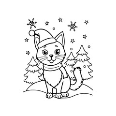A cute cartoon cat wearing a Santa hat and scarf sits in a snowy winter scene with Christmas trees and snowflakes.