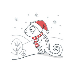 Cartoon chameleon wearing a red Santa hat and scarf, standing on a snowy hill with snowflakes falling.