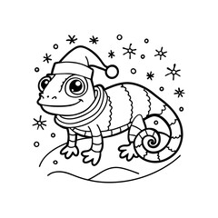 A cute cartoon chameleon wearing a Santa hat and scarf, surrounded by snowflakes, in a black and white line art style.