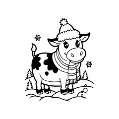 A cartoon cow wearing a winter hat and scarf stands in a snowy landscape with small Christmas trees and snowflakes.