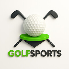 A clean 3D render for "GOLFSPORTS" logo features a golf ball resting on a green tee, with two crossed black golf clubs behind it, set against a plain white background. The text "GOLFSPORTS" is in gree