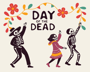 Festive Day of the Dead Celebration with Dancing Skeletons and Colorful Floral Decorations Illustration