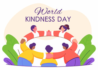 Illustrative World Kindness Day Celebration with Diverse People Embracing in a Circle of Unity