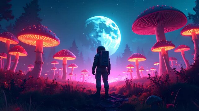 A Lone Astronaut's Journey Through a Bioluminescent Alien Forest of Giant Glowing Mushrooms