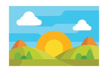 Fototapeta premium Cartoon Hills With Clouds And Sun