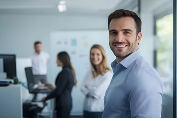 A confident man smiles at the camera in a modern professional office setting, with blurred colleagues working in the background.