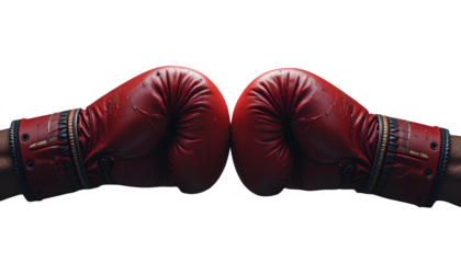 Red boxing gloves sparring match equipment professional fight gear training sport fitness punch 100 character isolated on transparent background