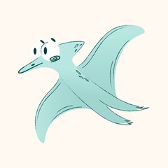 A cartoon pterosaur flying in a light background. The creature has a teal color with a surprised expression and large wings, showcasing a whimsical design. Vector illustration