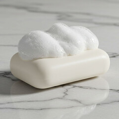 White soap bar with frothy foam on marble surface