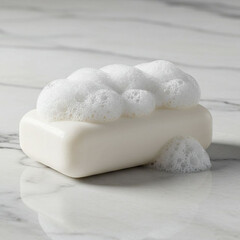 White soap bar with frothy foam on marble surface