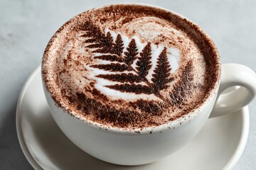 Delicious Close up of a Frothy Cappuccino with a Fern Design on Top, Food