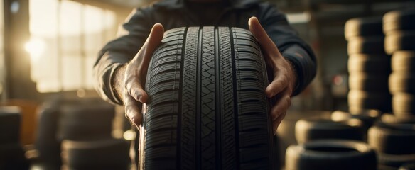 The mechanic presenting a high-quality tire in a busy workshop setting