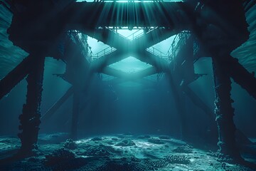 An underwater view of the base of a deep-sea oil platform, steel legs anchored to the ocean floor, marine life swimming nearby, beams of light filtering down from the surface. 