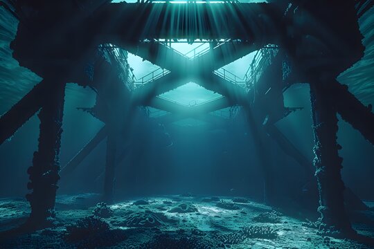An underwater view of the base of a deep-sea oil platform, steel legs anchored to the ocean floor, marine life swimming nearby, beams of light filtering down from the surface. 