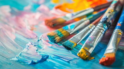 Fototapeta premium Artistic collection of colorful paint brushes on a palette with vibrant paint strokes