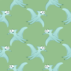 Seamless Repeating pattern of cartoon pteradactels with light blue bodies and big eyes flying on a soft green background. The dinosaur design is playful and whimsical. Vector illustration