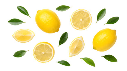 lemon fruit isolate lemon whole, half, slice, leaf on white falling lemon slices with leaves flying fruit full depth of field