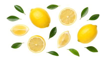 lemon fruit isolate lemon whole, half, slice, leaf on white falling lemon slices with leaves flying fruit full depth of field
