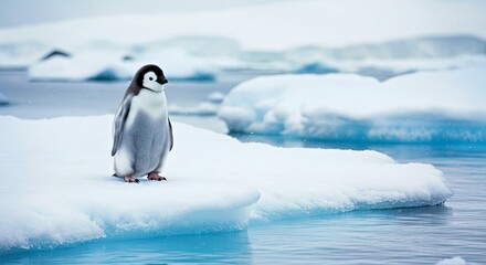 Fototapeta premium Cute Baby Penguin Standing on Drifting Ice in Antarctic