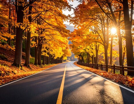 A sun-drenched autumnal road lined with vibrant golden trees