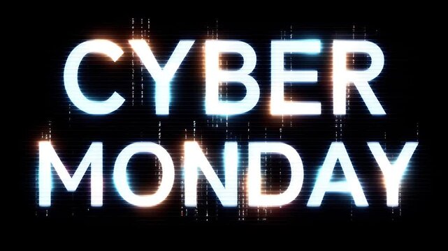 distorted title CYBERMONDAY with pixel glitches and floating code on a dark screen