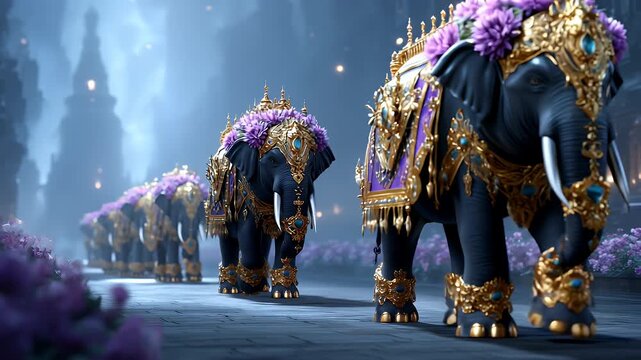 Traditional Indian Temple Festival with Decorated Elephants