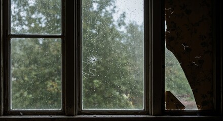 Cracked window with rain in abandoned wooden house during storm with peeling wallpaper and gray light