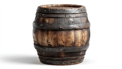 Fototapeta premium Aged wooden barrel, dark brown, weathered, and with metal hoops