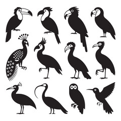 Obraz premium Minimalist Bird Silhouettes Collection – Clean Black Shapes of Diverse Bird Species, Art & Illustration