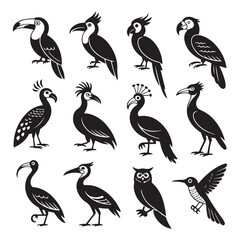 Naklejka premium Minimalist Bird Silhouettes Collection – Clean Black Shapes of Diverse Bird Species, Art & Illustration