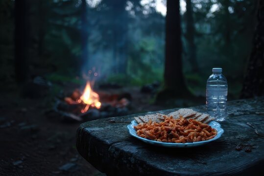 Enjoying Outdoor Meal by Campfire in Forest