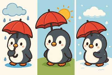 Penguin holding umbrella in rain, then sun, then snow.eps