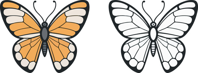 Colorful and Monochrome Butterfly Pair for Coloring Books or Educational Materials