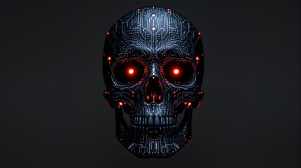 Gleaming futuristic cyborg skull with glowing red eyes and intricate circuitry, a symbol of advanced technology and dark future