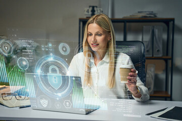 Professional Businesswoman Analyzing High-Tech Dashboard With Cybersecurity Interface, Representing...