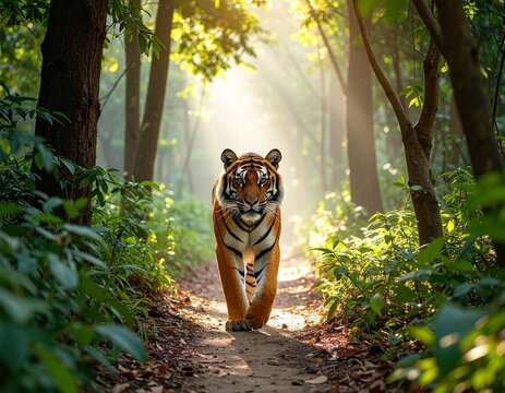 Bengal Tiger Walking in Misty Forest for International Tiger Day