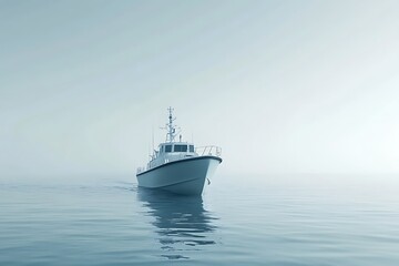 A pale grey military-style vessel with minimal design, calmly crossing mid-ocean 