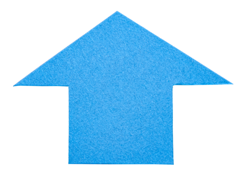 Isolated cut out blue paper cardboard arrow direction sign with texture rough edges and copy space for text png transparent background
