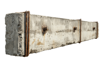 Aged concrete block with corroded rebar and bolts isolated on transparent background