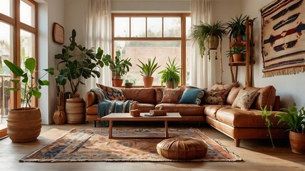 Sun-drenched bohemian living room interior with a comfortable leather sofa, lush houseplants, and rustic decor.