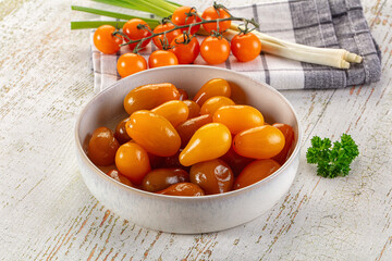 Marinated yellow cherry tomatoes heap